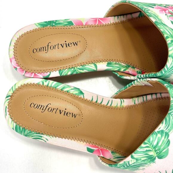 Comfortview Capri Wedge Slide Sandal Sz 8 WW Green & Pink Floral Espadrille New - Picture 9 of 16